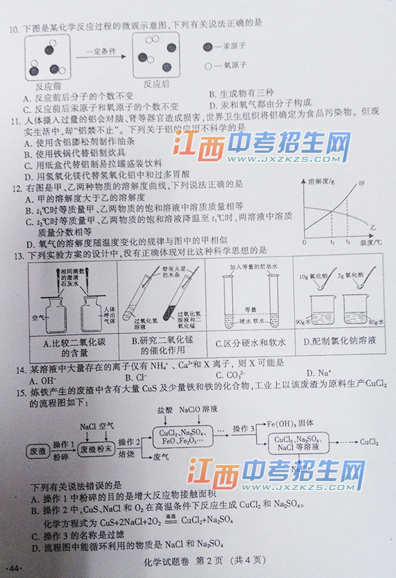 2015年南昌市中考化学试题